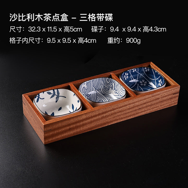 九宫格木制品干果盘新款中式盘子果盘户外陶瓷围炉煮茶托盘碟套装
