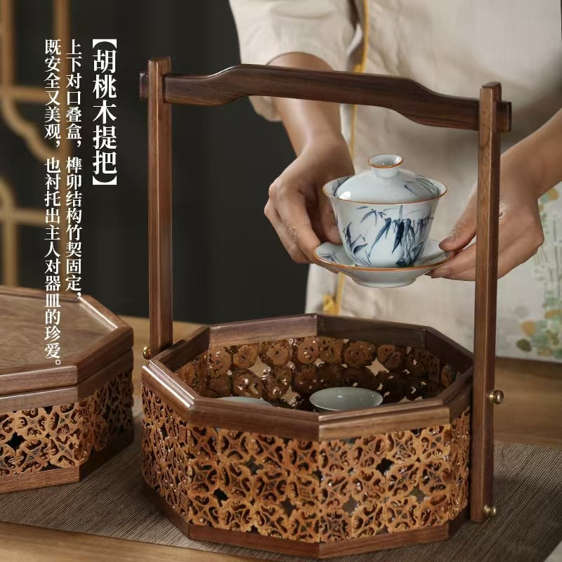 实木新中式盒子核桃工艺点心盒实木茶具收纳提篮胡桃木手提食盒子