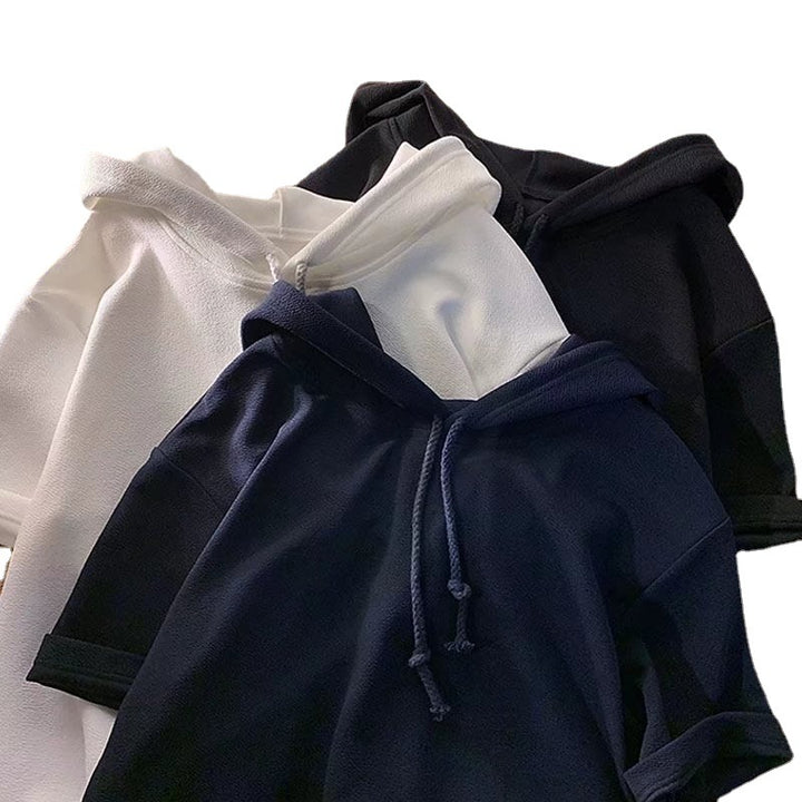 连帽短袖T恤男简约百搭卫衣夏季chic港味oversize衣服ins半袖上衣