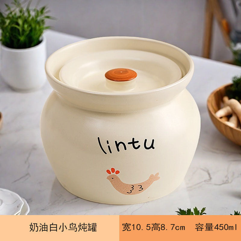 新款奶油白小动物炖罐耐高温加厚陶瓷炖盅简约设计隔水蒸煮一人份