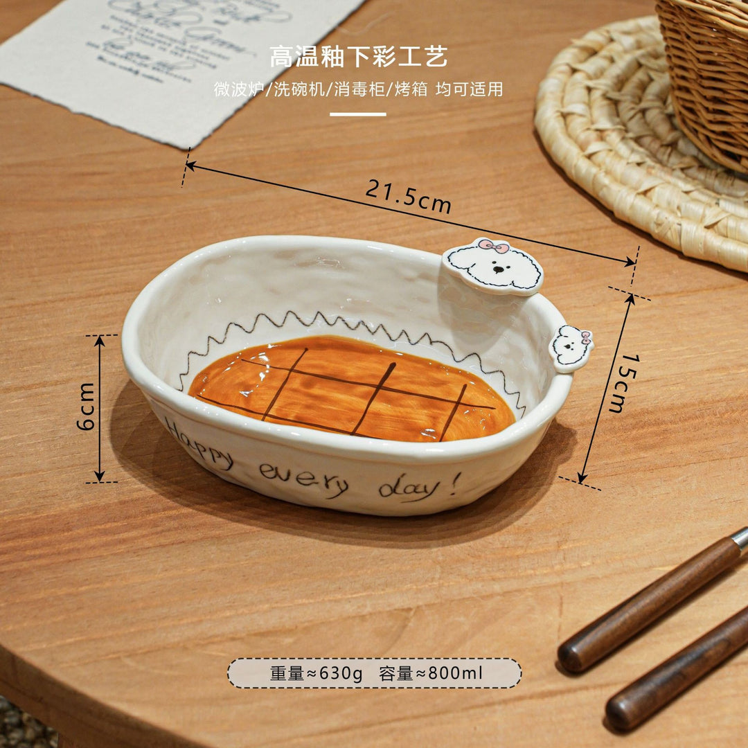 焦糖小狗餐具家用釉下彩陶瓷碗盘套装特别好看的盘子西餐盘分格盘