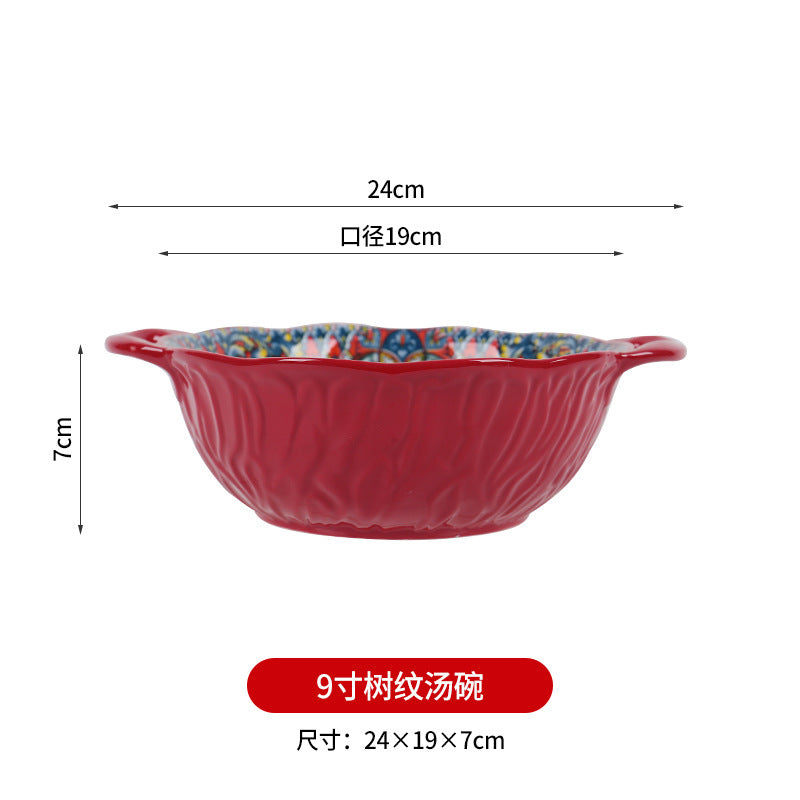 跨境波西米亚陶瓷餐具创意家用釉下彩饭碗汤碗手柄盘烤盘餐具套装