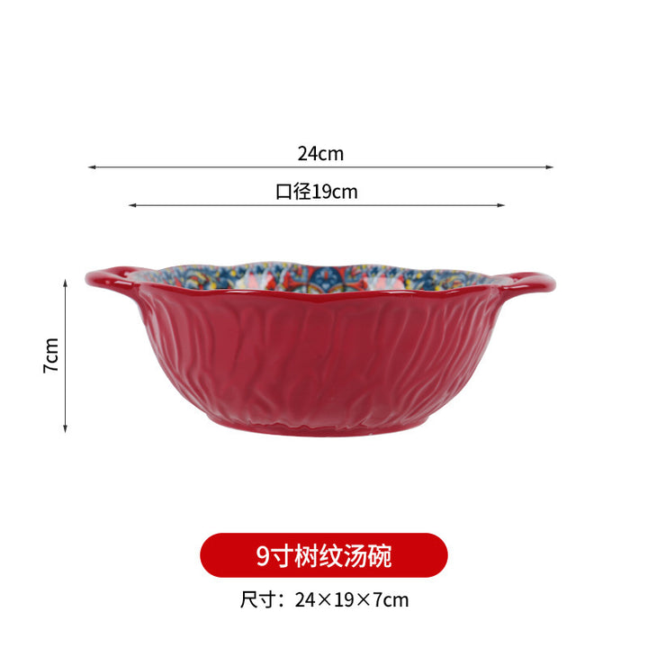 跨境波西米亚陶瓷餐具创意家用釉下彩饭碗汤碗手柄盘烤盘餐具套装