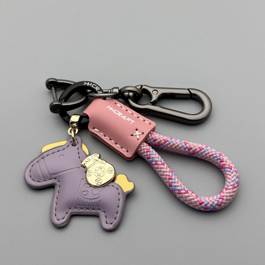 Lucky Wealth Cartoon Car Keychain – Handmade Leather Woven Rope Bag Charm