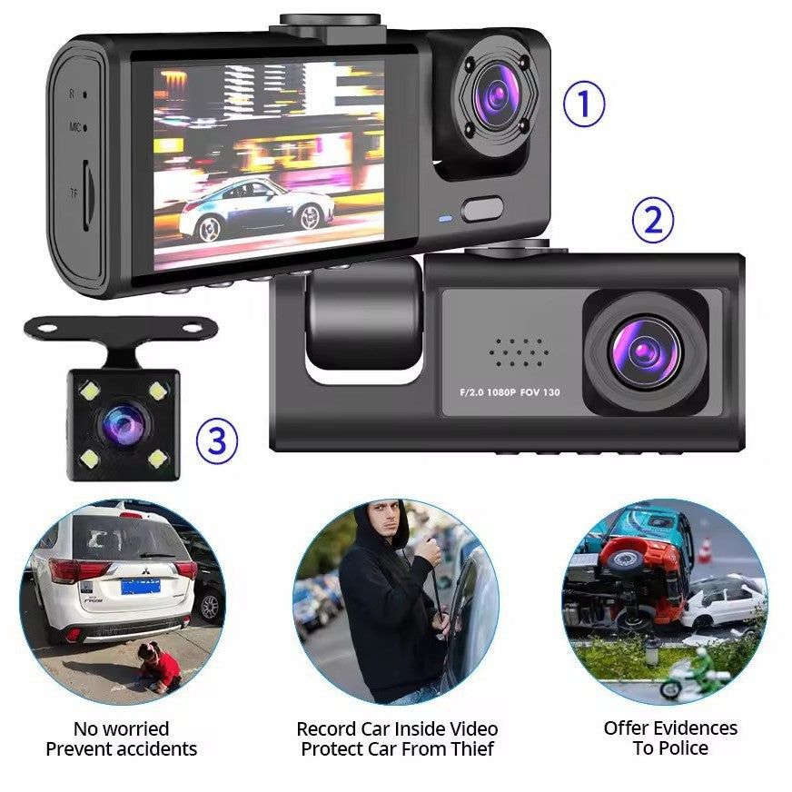 HD Rear View 3-Lens Car Dash Cam – Phone Connected Vehicle Recorder