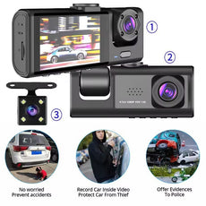 HD Rear View 3-Lens Car Dash Cam – Phone Connected Vehicle Recorder