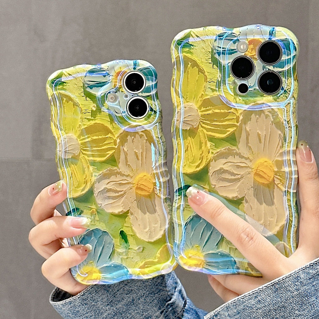 适用iphone17pro手机壳ins蓝光波浪油画花朵个性苹果16防摔保护套