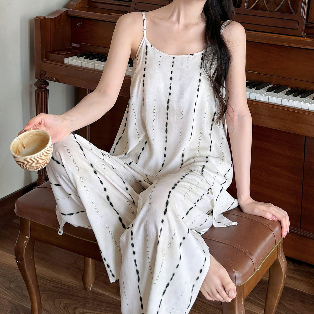 夏季女士棉绸吊带睡衣套装无袖印花防凸点家居服带胸垫绵绸两件套