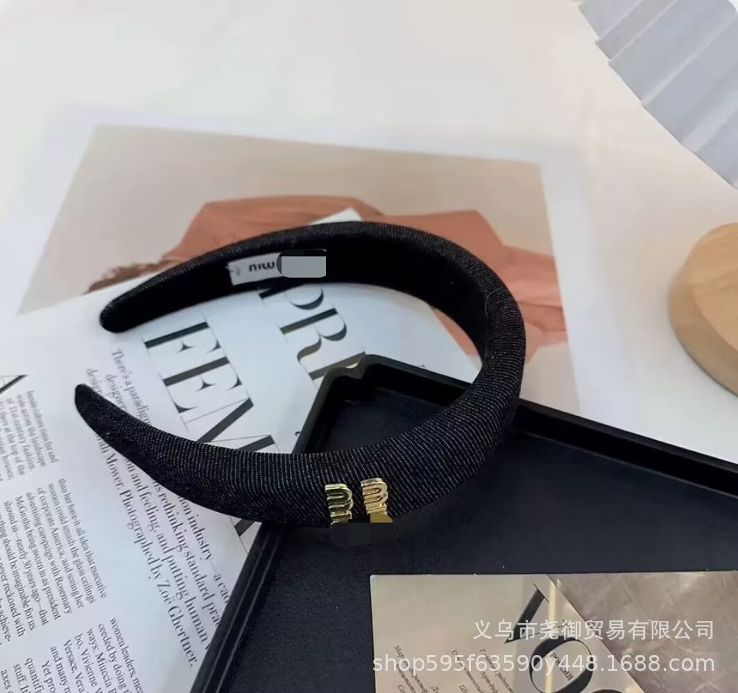 新款高级气质m字母发箍牛仔色头箍简约时尚字母网红名媛发饰复古