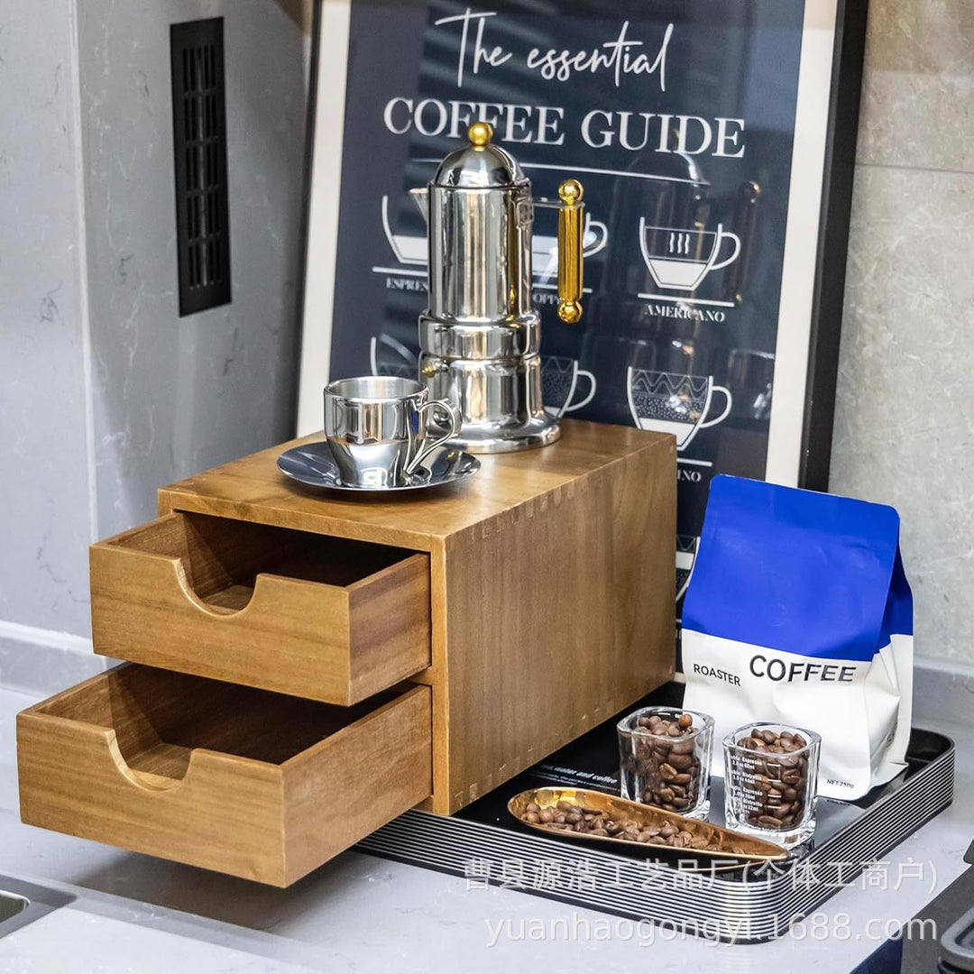 桌面双层收纳盒木质抽屉式咖啡胶囊储物盒茶水间茶包整理盒跨境