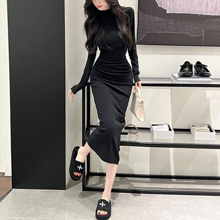 High-Neck Slim Fit Bodycon Dress – Elegant Stretchy Sleeveless Women's Midi Dress