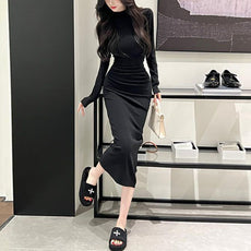 High-Neck Slim Fit Bodycon Dress – Elegant Stretchy Sleeveless Women's Midi Dress