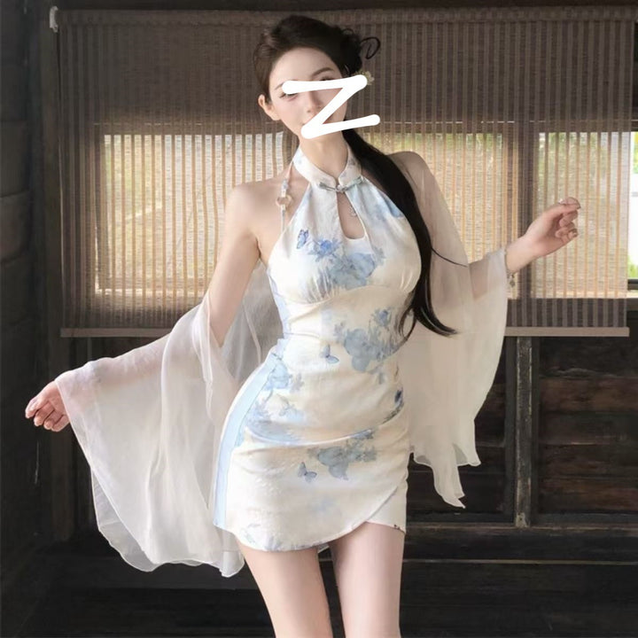 Sleeveless Qipao Mini Dress – Elegant Floral Print Bodycon Short Dress