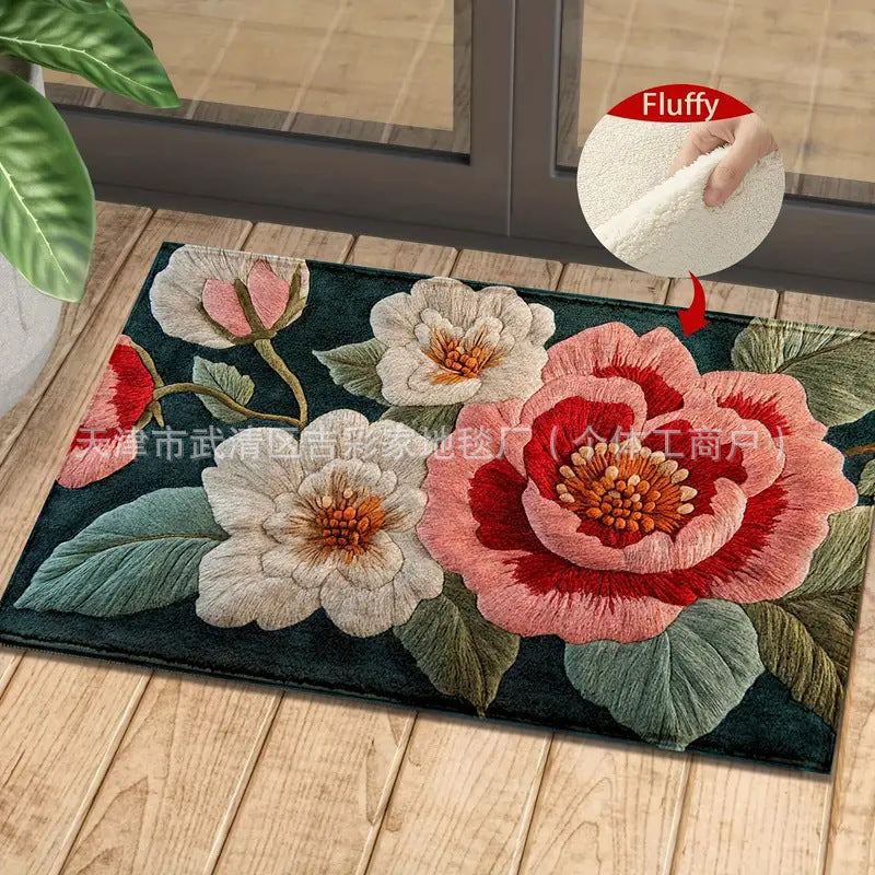 跨境热销客厅立体视觉植物花卉仿羊绒防滑地垫入户门玄关耐脏地垫