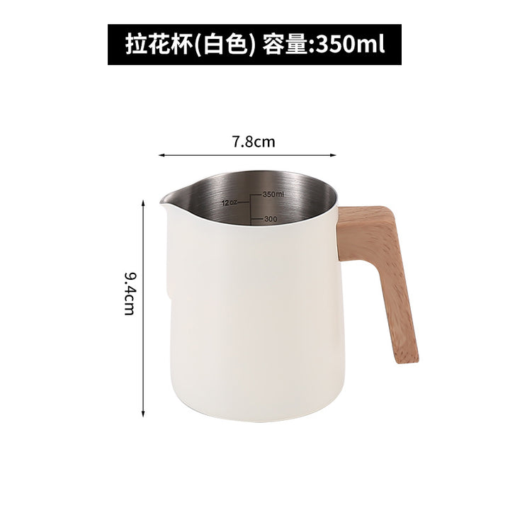 跨境新款304不锈钢木纹柄拉花杯带刻度量杯打奶拉花缸咖啡奶泡杯