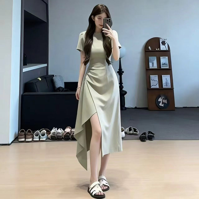 Slim Fit Solid Color Midi Dress – Irregular Slit Short Sleeve Commuter Dress