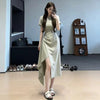 Slim Fit Solid Color Midi Dress – Irregular Slit Short Sleeve Commuter Dress