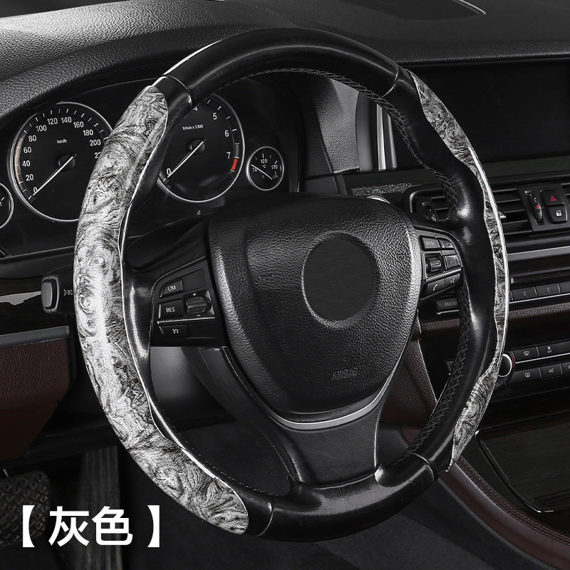 24新款汽车方向盘套时尚双拼网布桃木皮革纹汽车把套耐磨防滑跨境