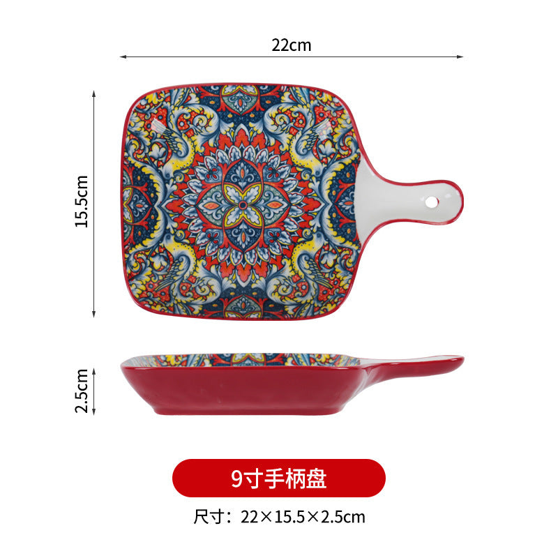 跨境波西米亚陶瓷餐具创意家用釉下彩饭碗汤碗手柄盘烤盘餐具套装