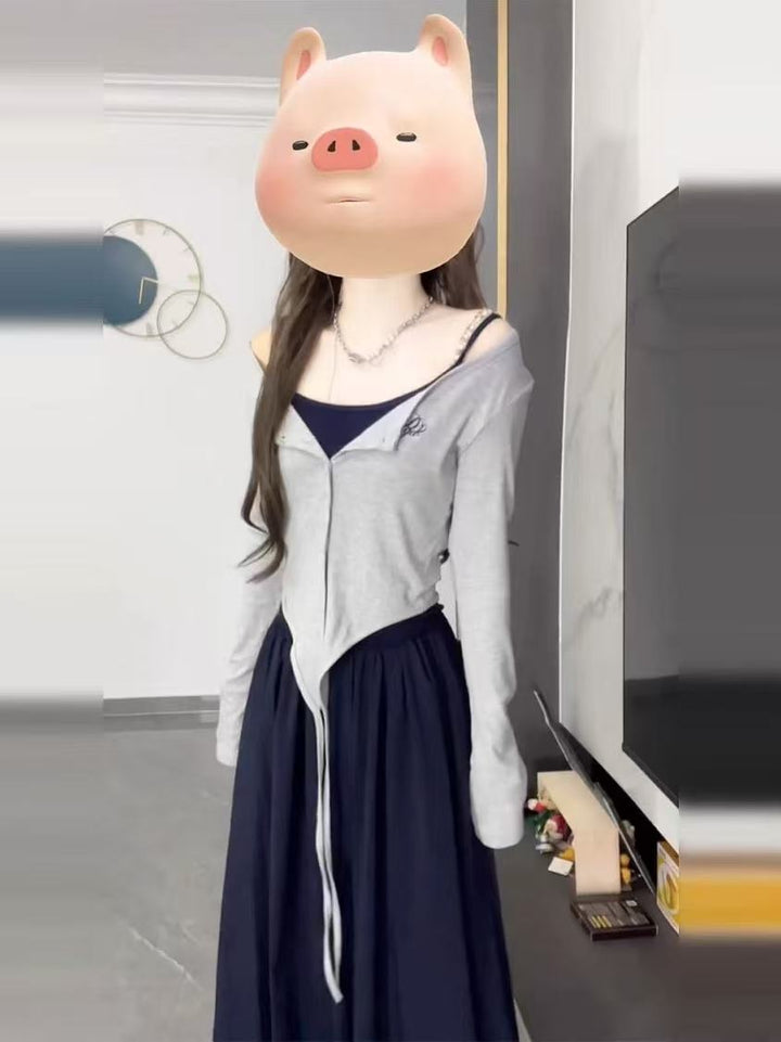 法式气质蓝色吊带连衣裙子女秋季2025新款修身掐腰感长裙套装
