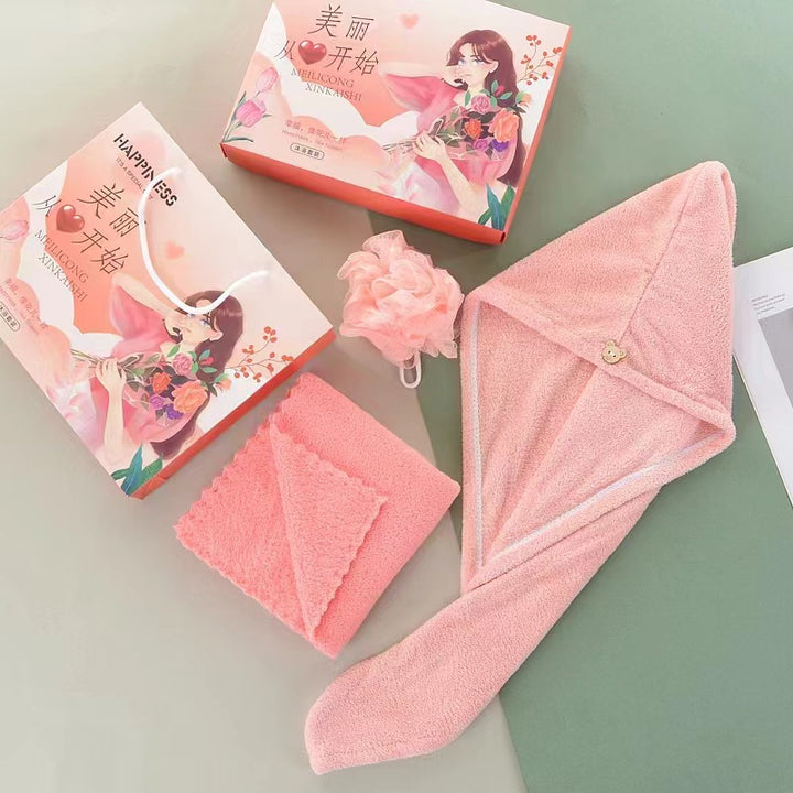 珊瑚绒美丽沐浴毛巾干发帽浴花三件套礼盒装公司员工福利伴手礼女