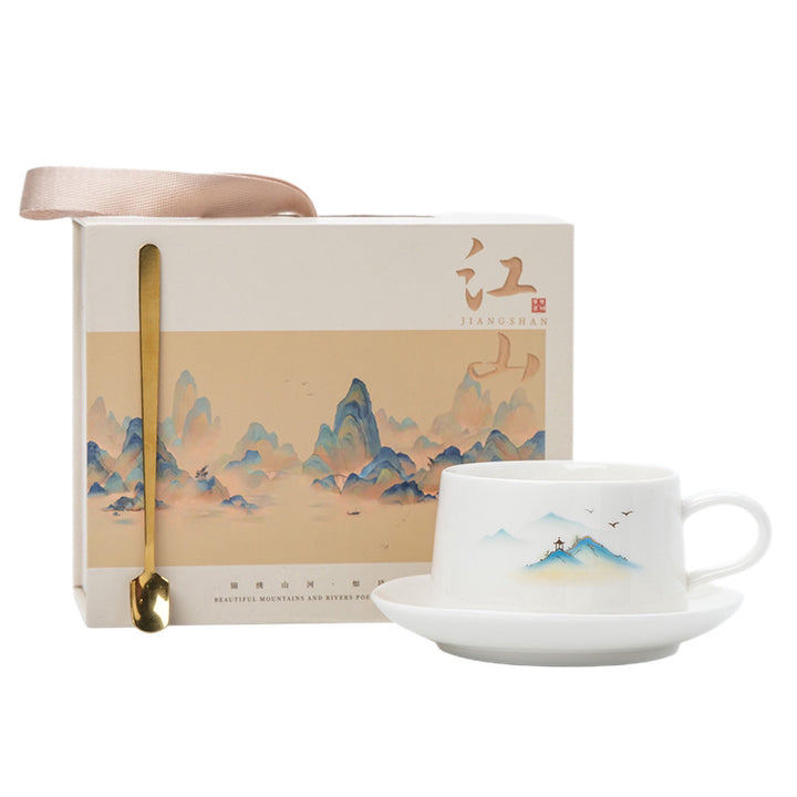 羊脂玉山水陶瓷咖啡杯碟套装礼盒办公家用高颜值伴手礼文创马克杯