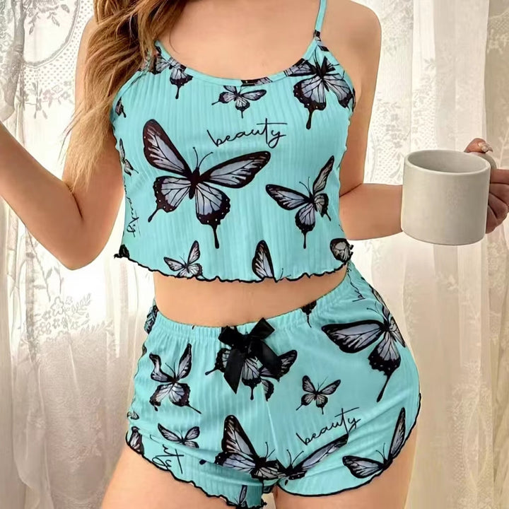 欧美跨境热卖睡衣2件套女跨新品蝴蝶印花欧码家居服印花坑条