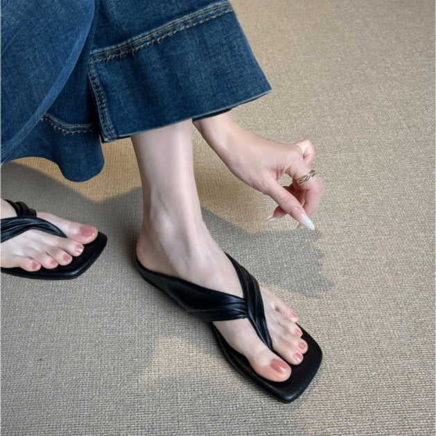 软皮版~法式人字拖鞋女夏外穿新款百搭沙滩鞋休闲平底夹趾凉拖鞋