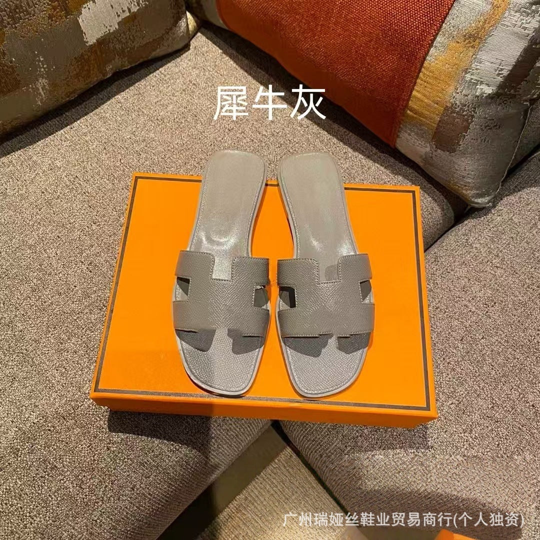 外贸批发经典H女鞋平底居家一字平跟沙滩休闲凉鞋外穿百搭泡沫