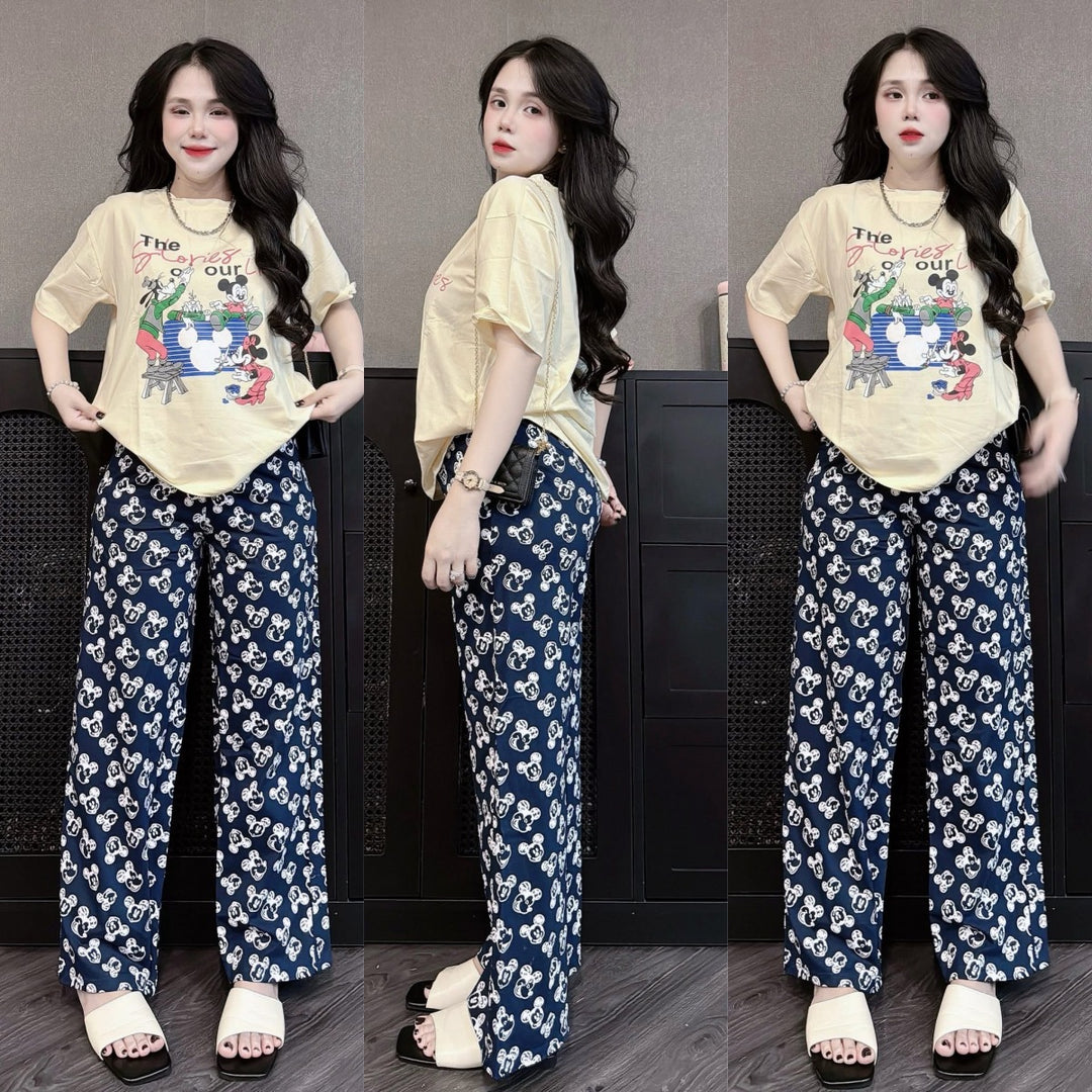 东南亚扎染时尚套装女夏季新款卡通印花短袖宽松阔腿裤休闲两件套