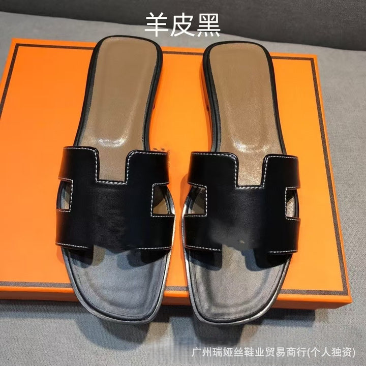 外贸批发经典H女鞋平底居家一字平跟沙滩休闲凉鞋外穿百搭泡沫