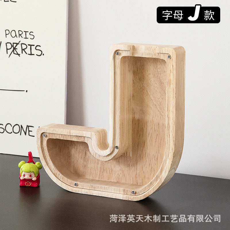 现货木质26个英文字母储蓄罐儿童小玩具收纳盒透明亚克力存钱罐子