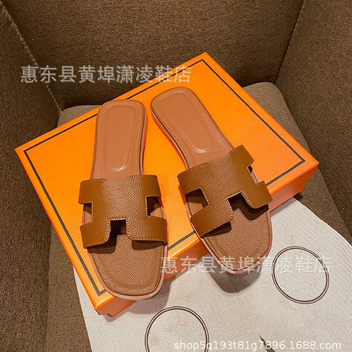 跨境外贸经典H拖鞋羊皮平底女拖鞋沙滩一字拖鞋女士凉拖鞋