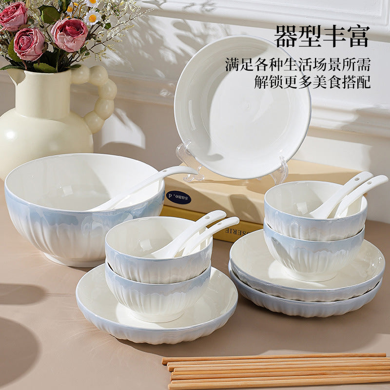 洛可可渐变蓝餐具套装汤碗饭碗简约高温烤花陶瓷碗家用碗碟套装