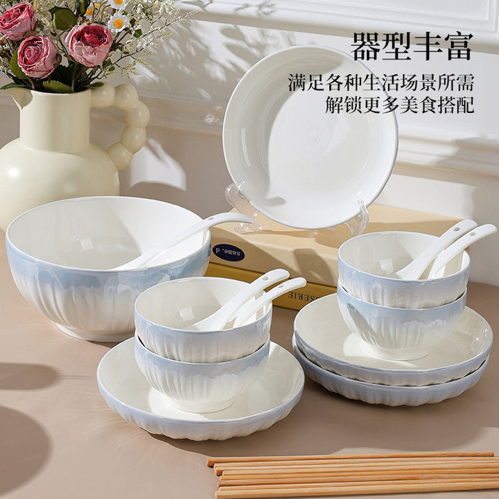 洛可可渐变蓝餐具套装汤碗饭碗简约高温烤花陶瓷碗家用碗碟套装