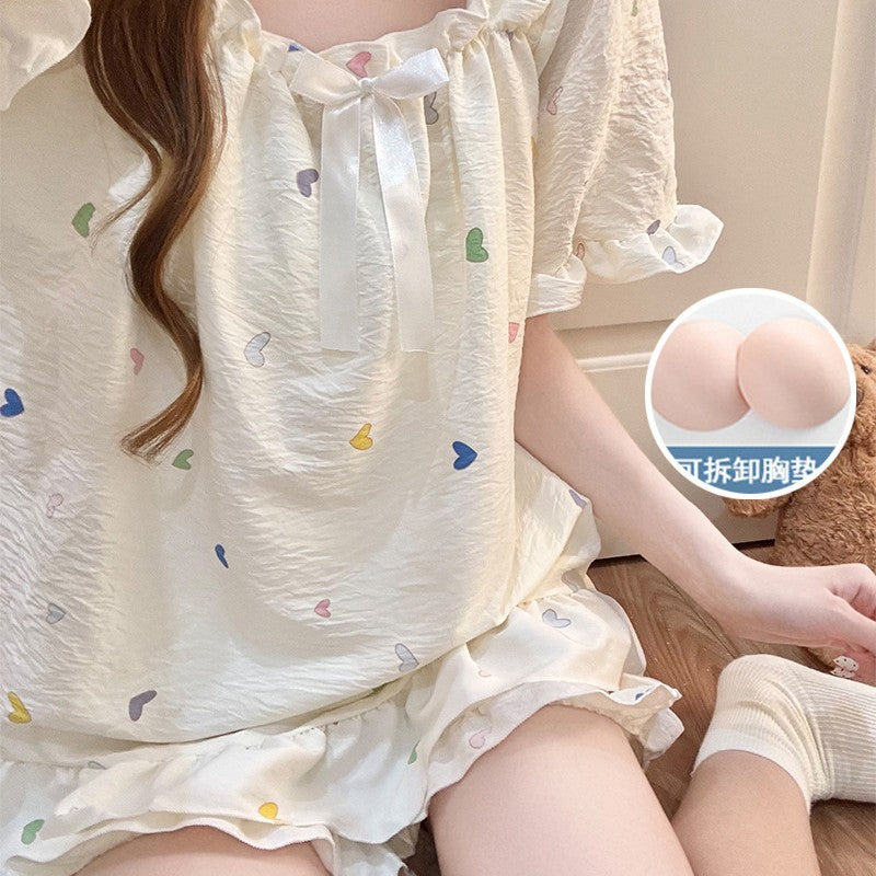 抖音直播爆款夏季睡衣女云朵棉带胸垫短袖短裤简约风家居服女套装