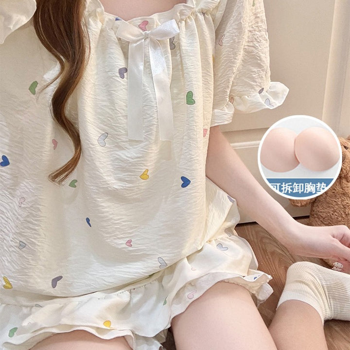 抖音直播爆款夏季睡衣女云朵棉带胸垫短袖短裤简约风家居服女套装