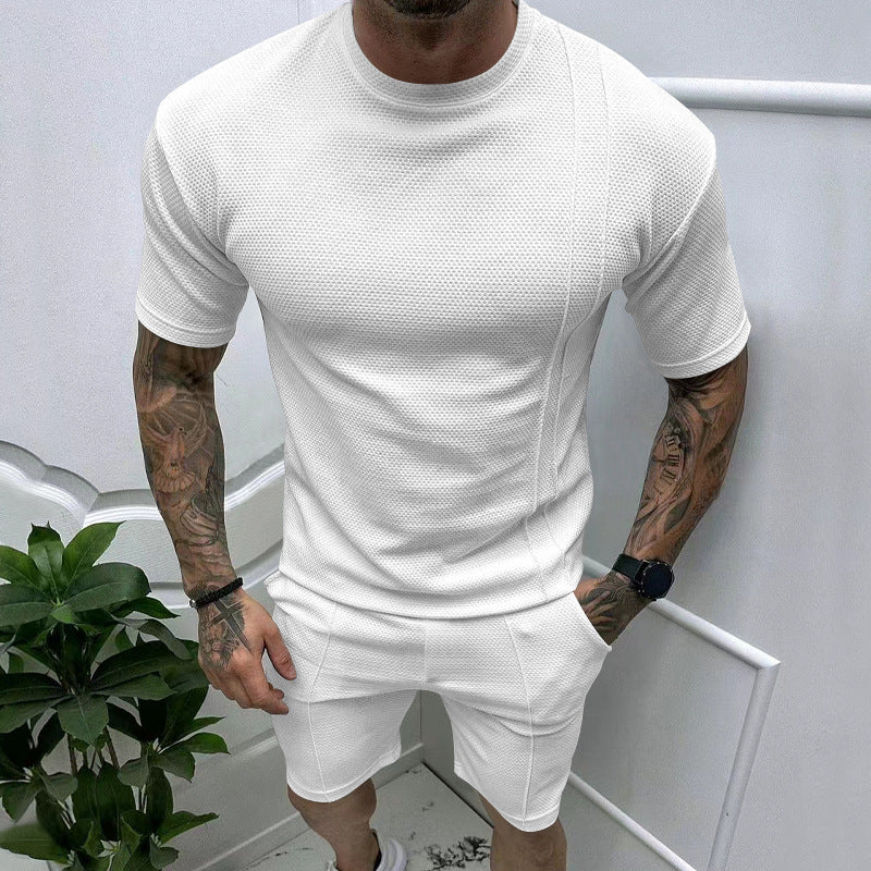 新款欧美跨境热销男士夏纯色休闲短裤短袖套装运动套装夏季两件套