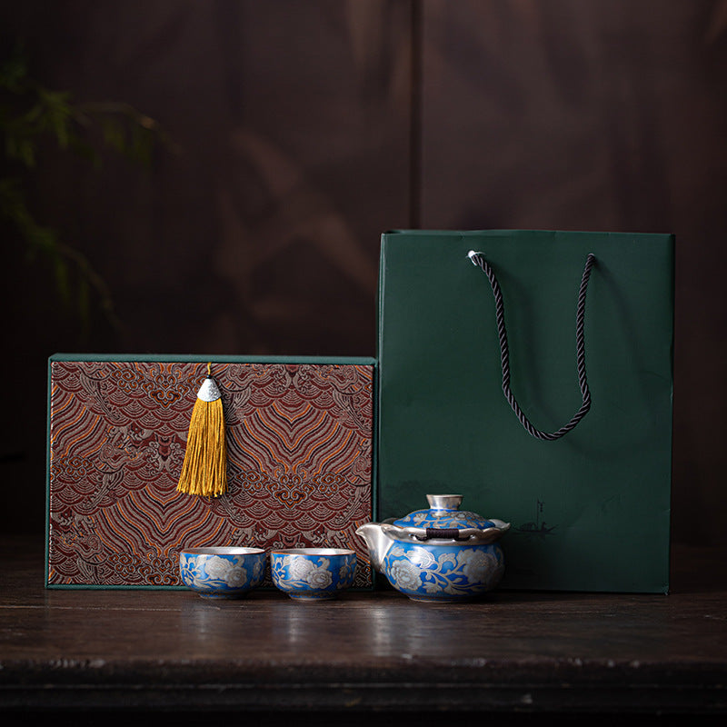 999鎏银 元青花手抓壶功夫茶具高档一壶两杯送长辈父亲老师伴手礼