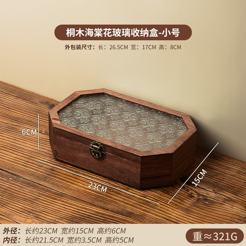 木质海棠花玻璃化妆品收纳盒桌面摆设复古风八边型翻盖防尘木盒