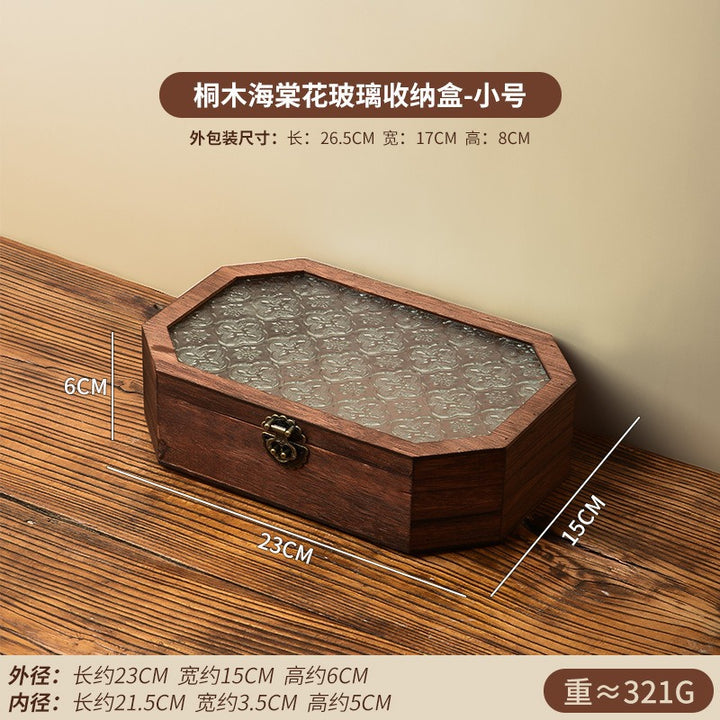 木质海棠花玻璃化妆品收纳盒桌面摆设复古风八边型翻盖防尘木盒