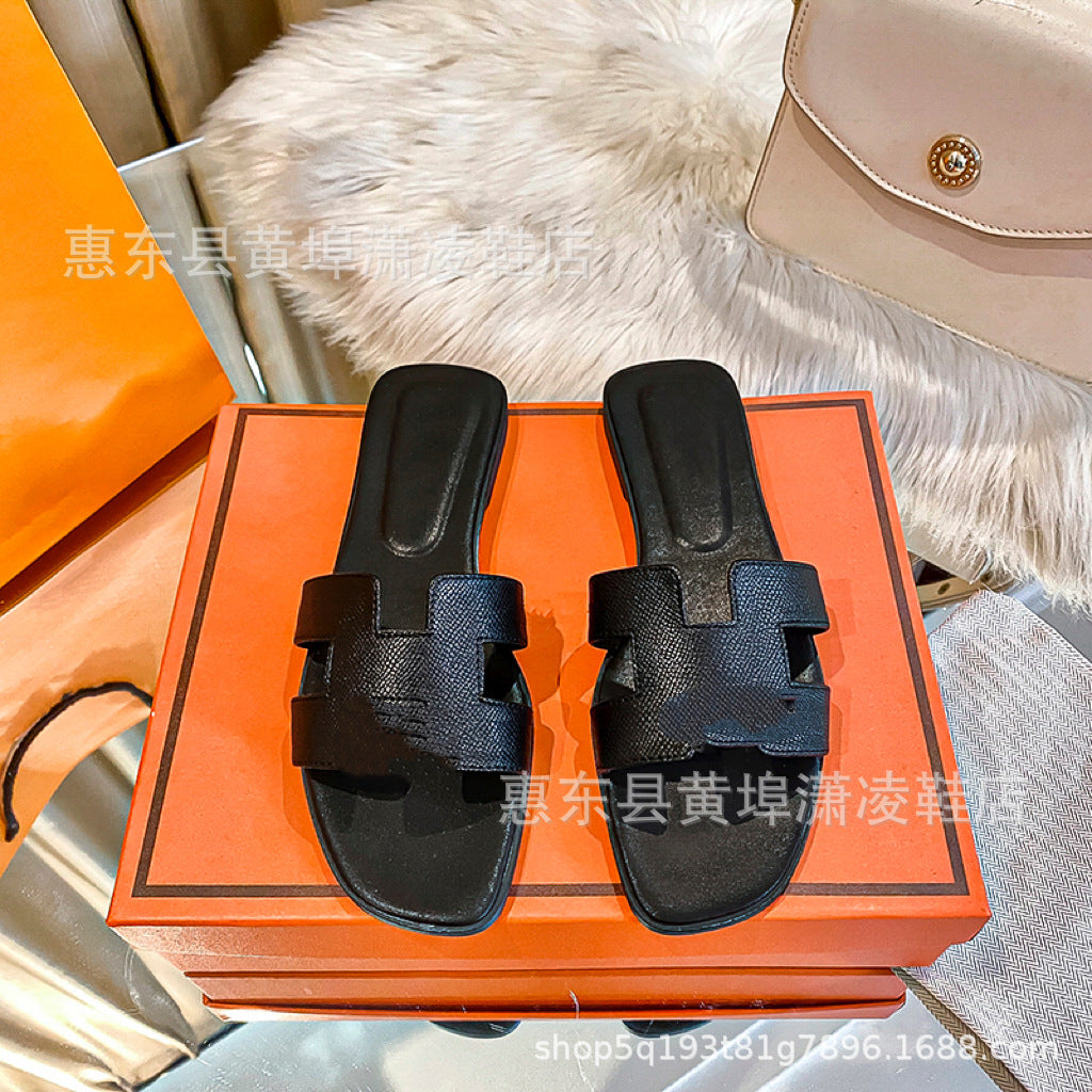 跨境外贸经典H拖鞋羊皮平底女拖鞋沙滩一字拖鞋女士凉拖鞋