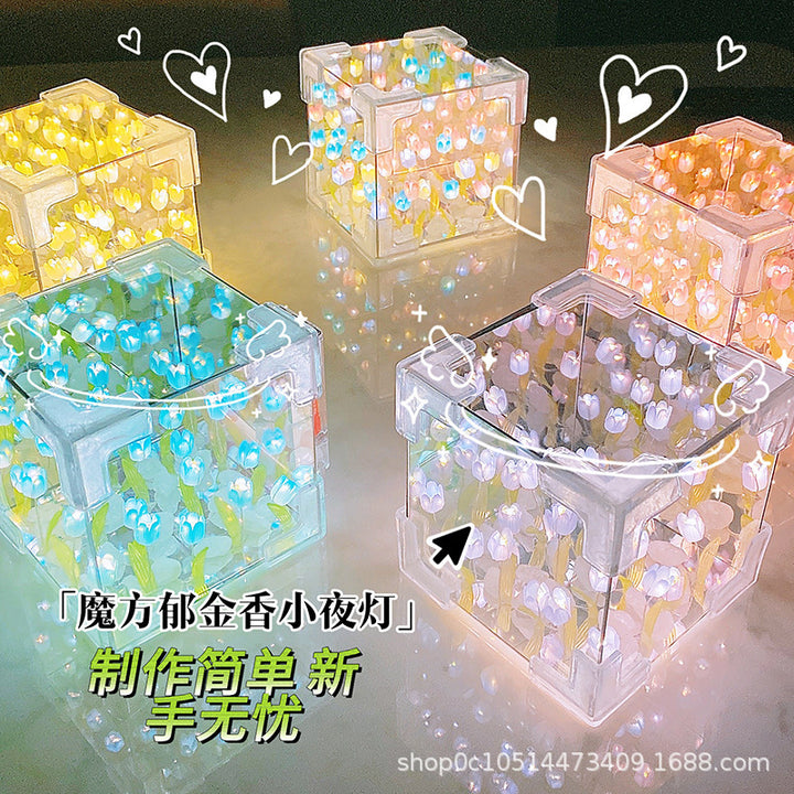 七夕礼物郁金香花小夜灯手工 diy海魔方立体镜子创意女朋友闺蜜