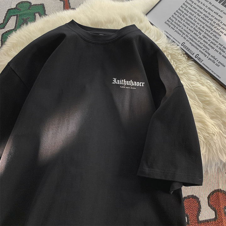 灰色t恤男短袖夏季简约字母纯棉宽松半袖上衣服青少年潮牌体恤衫