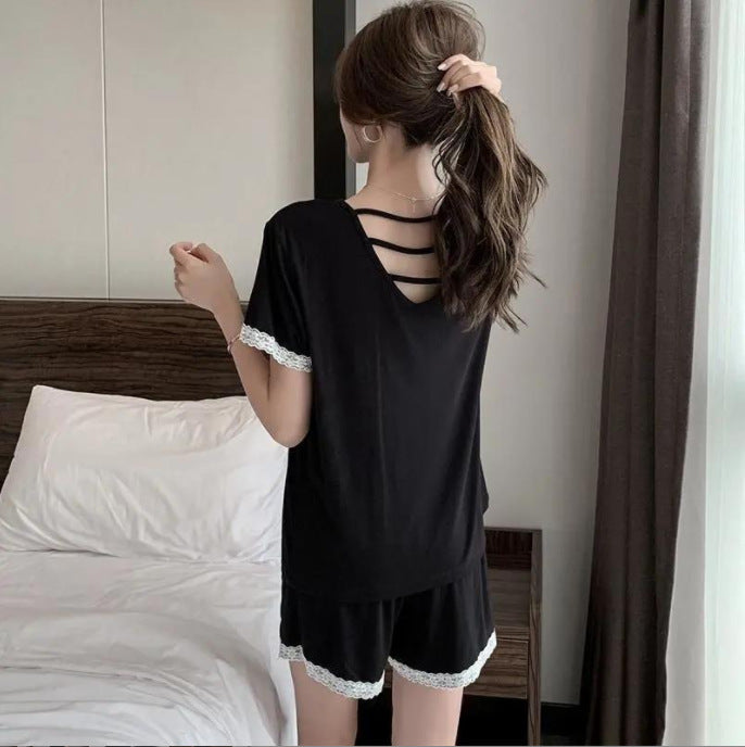 莫代尔睡衣女带胸垫短袖短裤夏季V领蕾丝宽松套头大码家居服套装