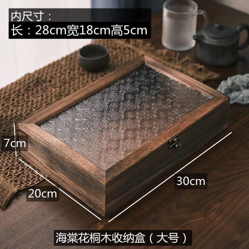 木质首饰盒复古杂物储物箱家用桐木防尘翻盖海棠花玻璃桌面收纳盒