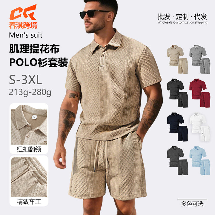 新款欧美跨境男士提花布POLO夏季薄款翻领格子休闲运动短袖套装男