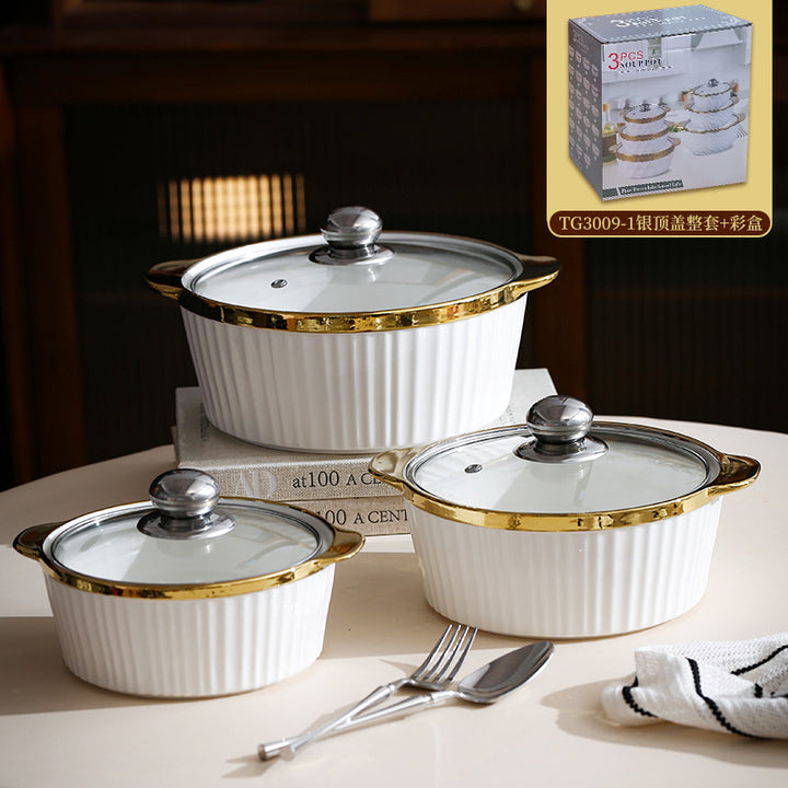 Gold Rim Large Soup Tureen with Lid – European Style Double Handle Serving Bowl