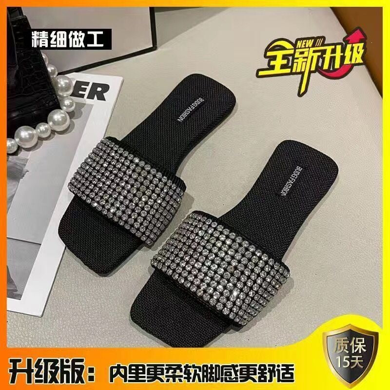 网红平底时尚2022露趾新款方头潮凉拖鞋夏水钻一字拖鞋女外穿时尚