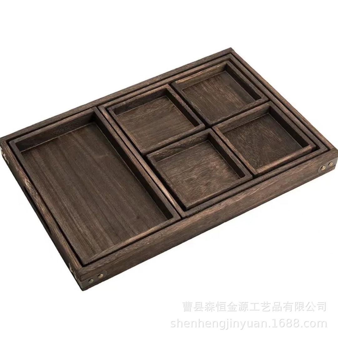 中式多格茶盘实木围炉煮茶茶点零食七件套托盘新款实木创意炭烧盘